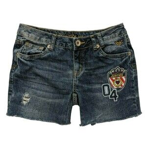 JUSTICE Simply Low Jean Shorts  Girls 14 reg  Cutoff Distressed Denim w Patches